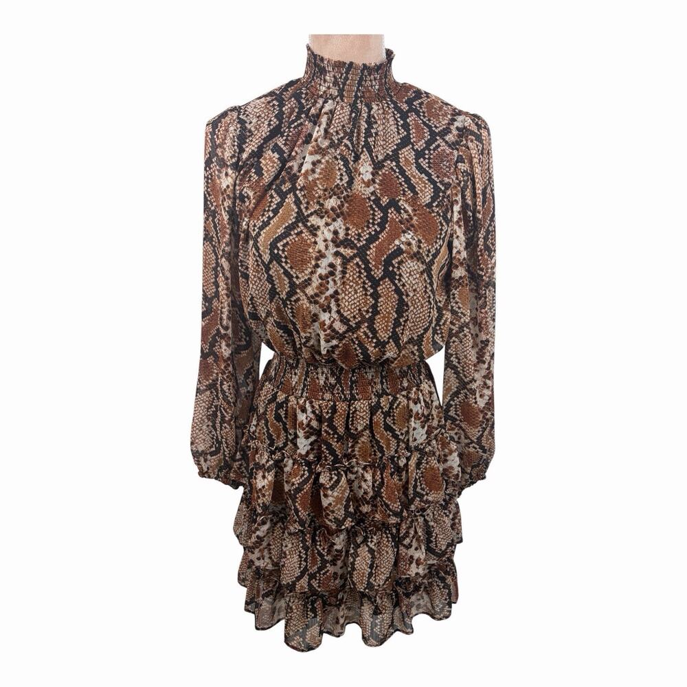 1.STATE Womens Medium Snake Print Smocked Mock Neck Tiered Mini Dress NWT